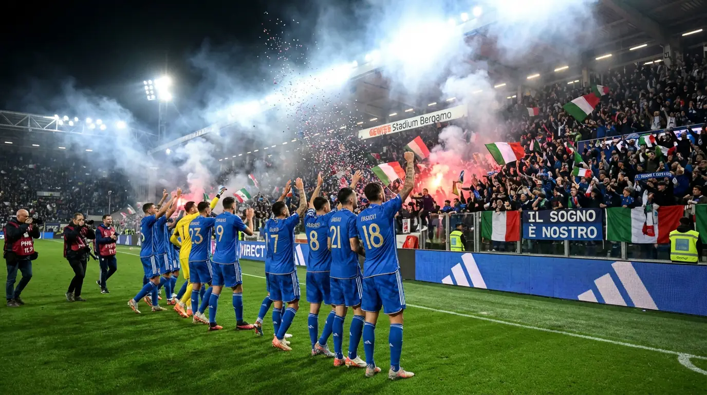 Tifosi italiani allo stadio durante il playoff UEFA verso il Mondiale 2026 a Bergamo
