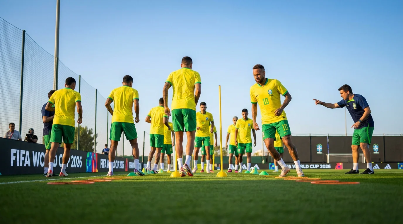 Giocatori di calcio in azione durante una partita del Mondiale FIFA con stadio colmo di tifosi