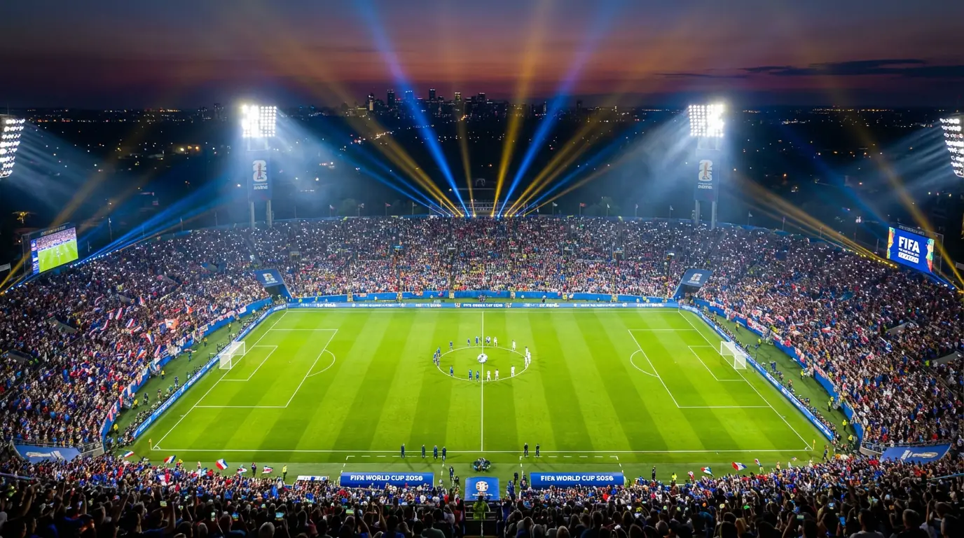 Stadio con campo da calcio illuminato per il Mondiale FIFA 2026